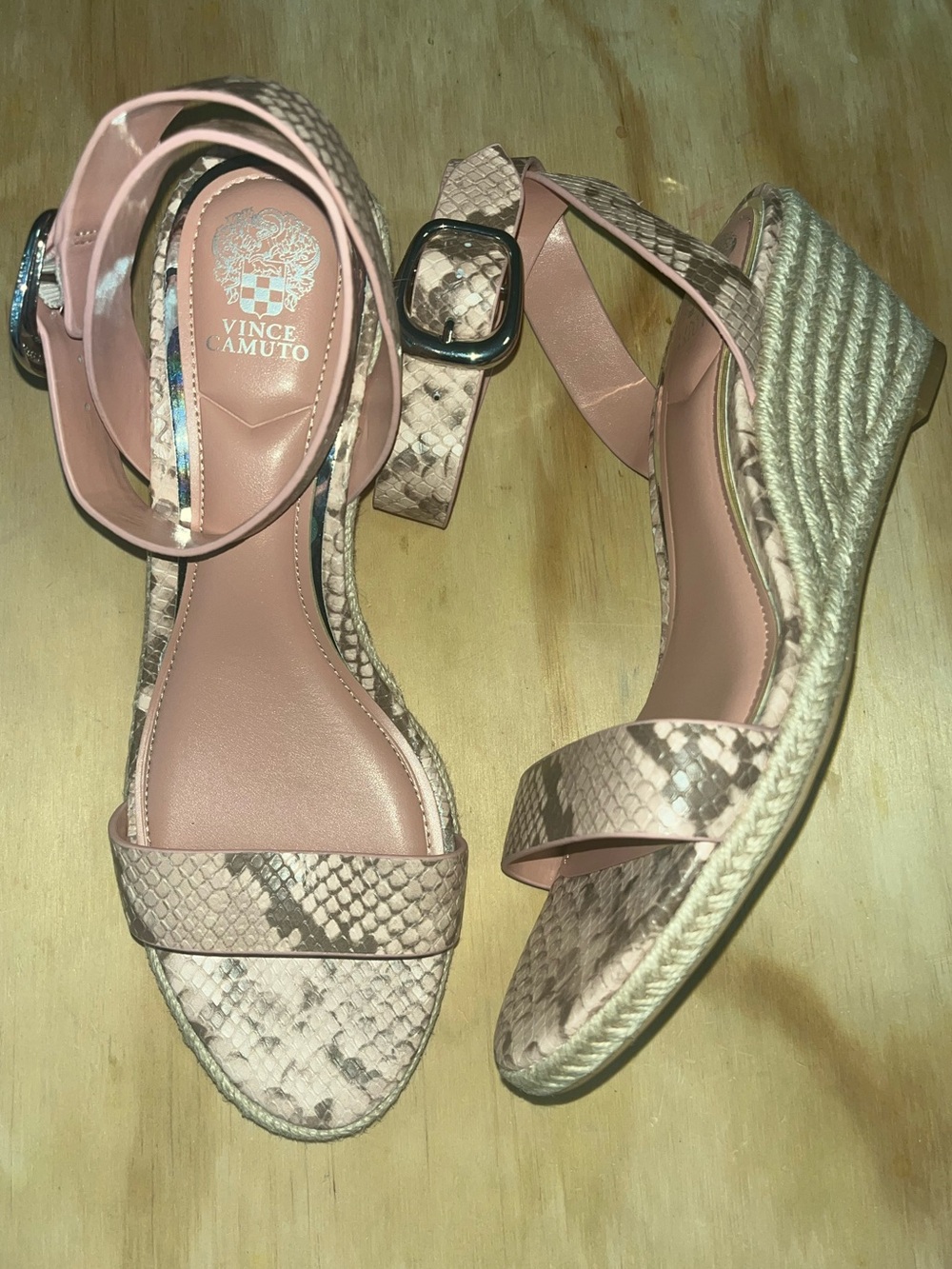 Vince Camuto pale, pink Snake-Print Ankle-Strap Sandals